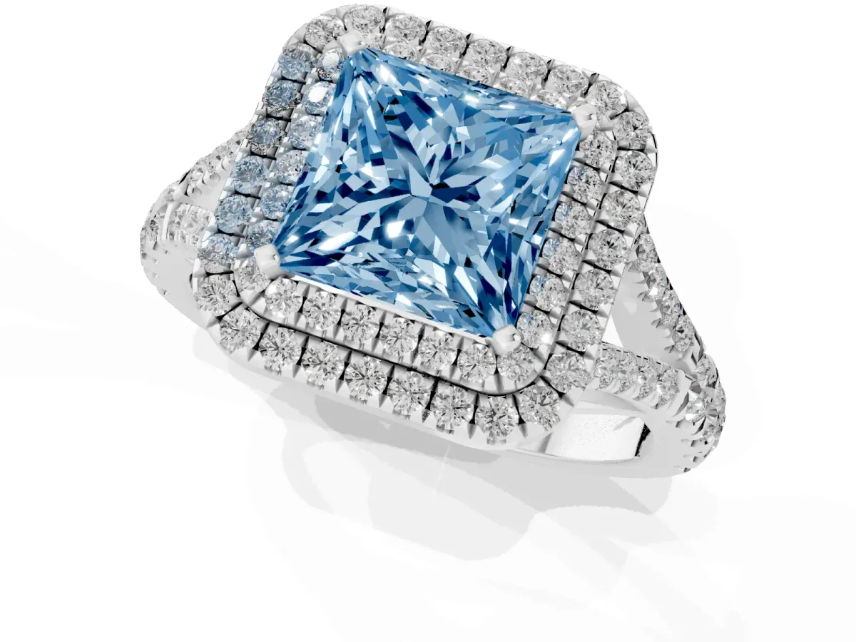 Fancy Blue Double Halo Princess Cut Diamond Split Shank Engagement Ring with Four-Prong Setting Platinum