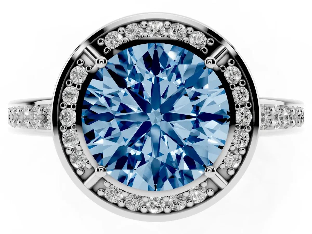 Fancy Blue Round Cut Cut Halo Pave Split Shank Prong Setting Ring Platinum