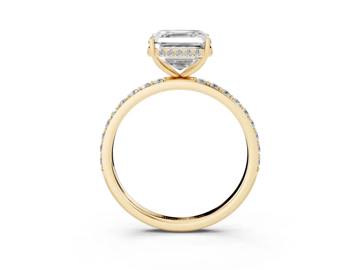 Asscher Cut Diamond Solitaire Ring with Pavé Band and Hidden Halo Yellow gold