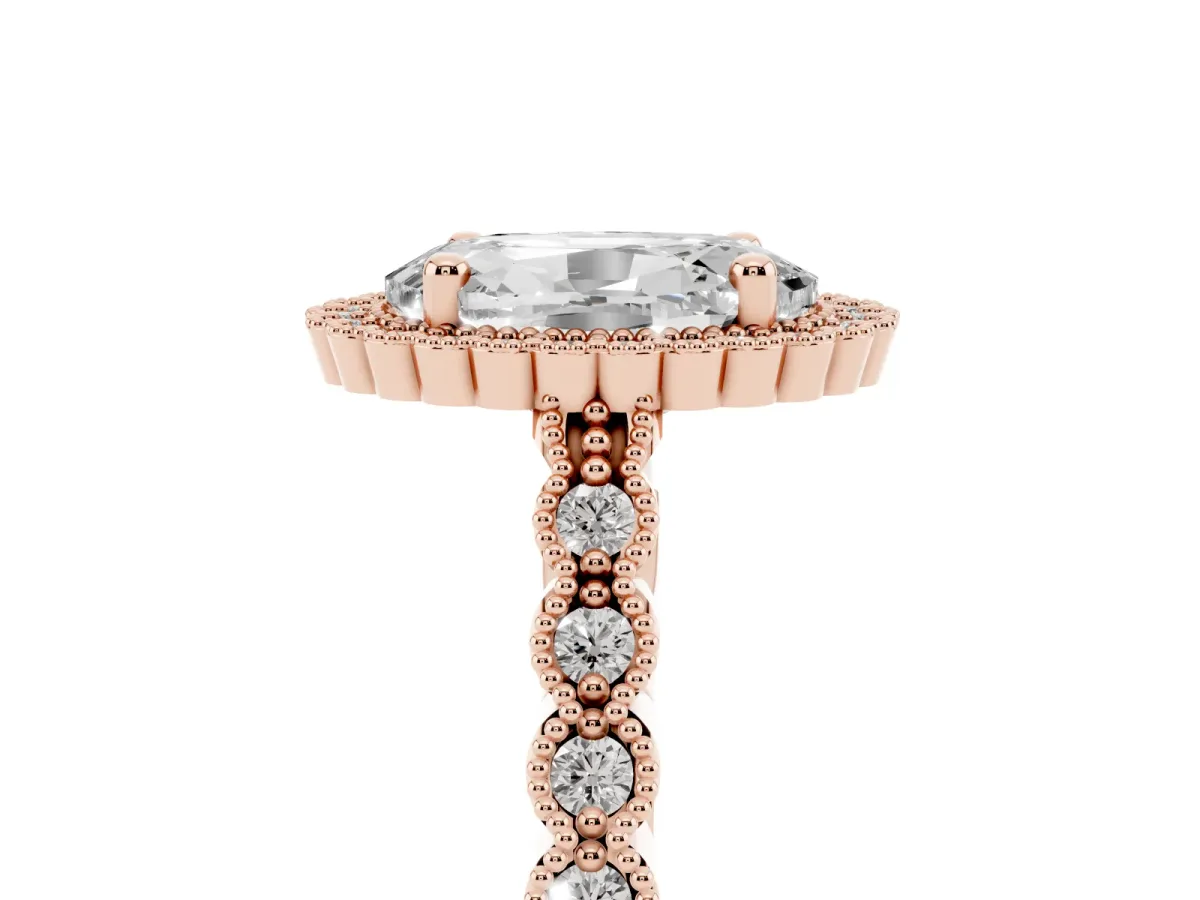 Oval Cut Cut Halo Pavé Solitaire Ring with Milgrain Band Rose gold