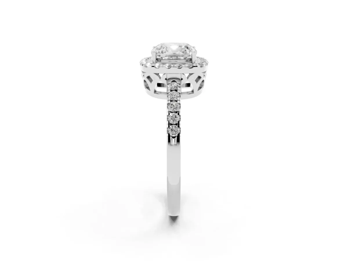 Cushion Cut Halo Diamond Engagement Ring with Pavé Band and Four-Prong Setting Silver