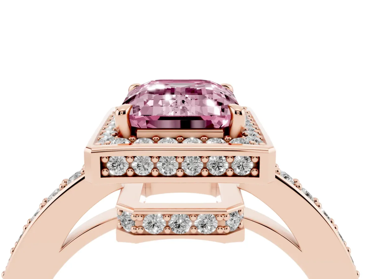 Fancy Pink Emerald Cut Halo Pave Band Solitaire Ring with Prong Setting Rose gold