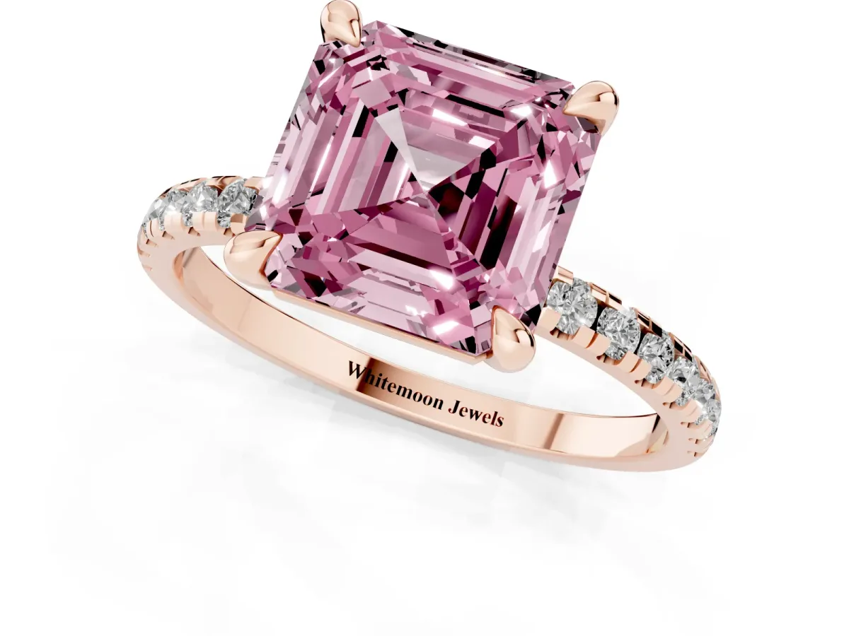 Fancy Pink Asscher Cut Diamond Brilliant Solitaire Ring with Pavé Band and Four-Prong Setting Rose gold