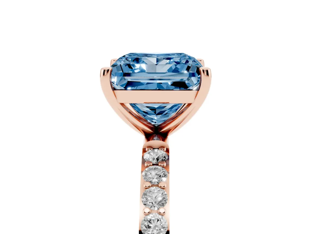Fancy Blue Princess Cut Diamond Solitaire Ring with Round Pavé Shoulders and Prong Setting Rose gold