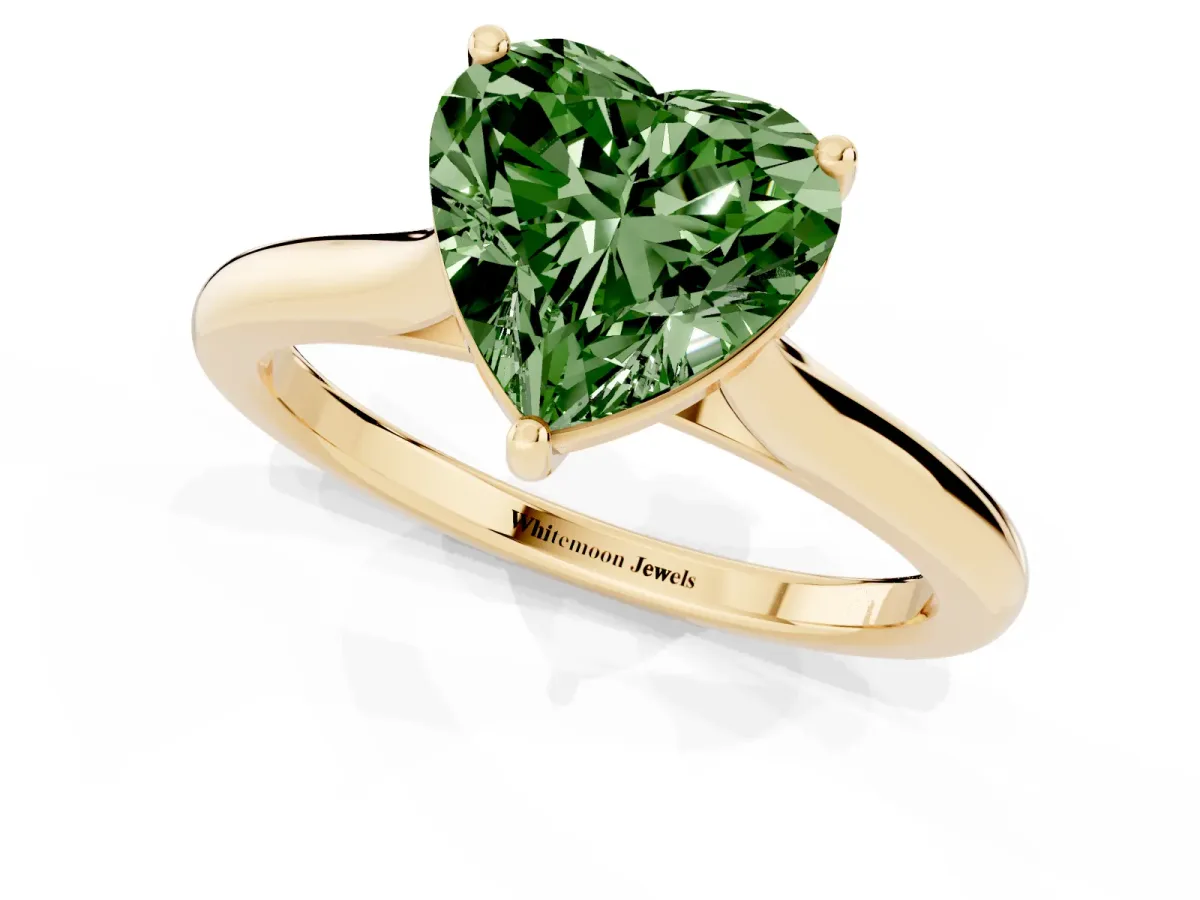 Fancy Green Heart Cut Cut Solitaire Ring with Cathedral Band and Four-Prong Setting Yellow gold