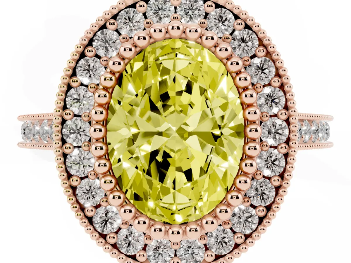 Fancy Yellow Oval Cut Diamond Halo Ring with Milgrain Frame and Pavé Band Rose gold