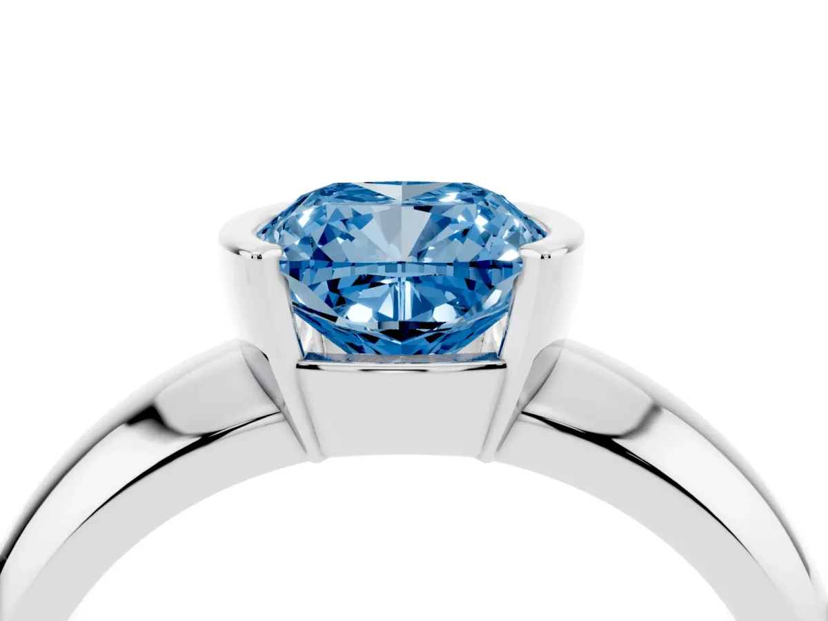 Fancy Blue Cushion Cut Solitaire Tension Set Diamond Ring with Wide Band Silver