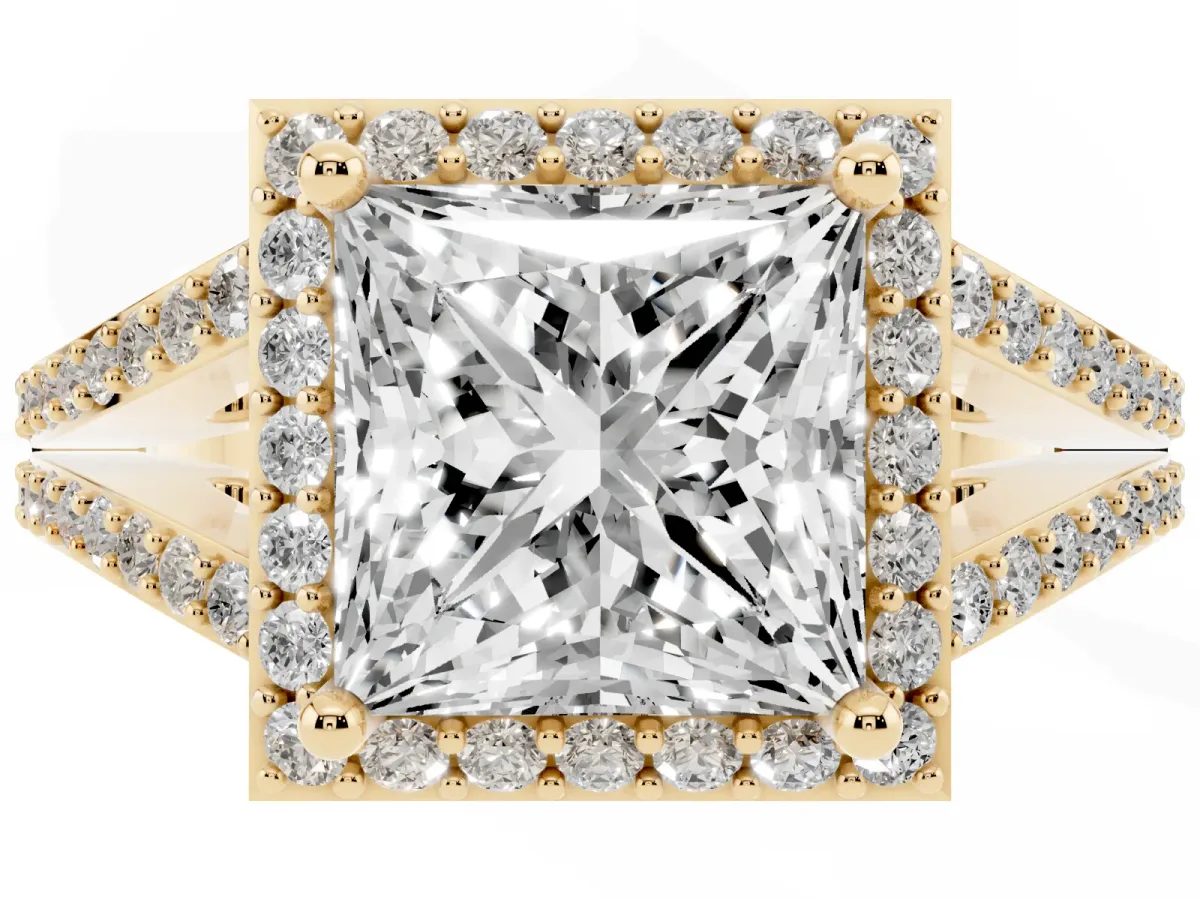 Princess Cut Halo Split Shank Diamond Ring with Prong Setting Yellow gold