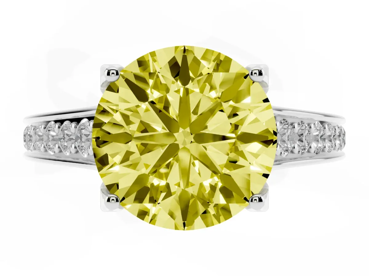 Fancy Yellow Round Cut Brilliant Cut Diamond Engagement Ring with Pavé Band and Four-Prong Setting Platinum