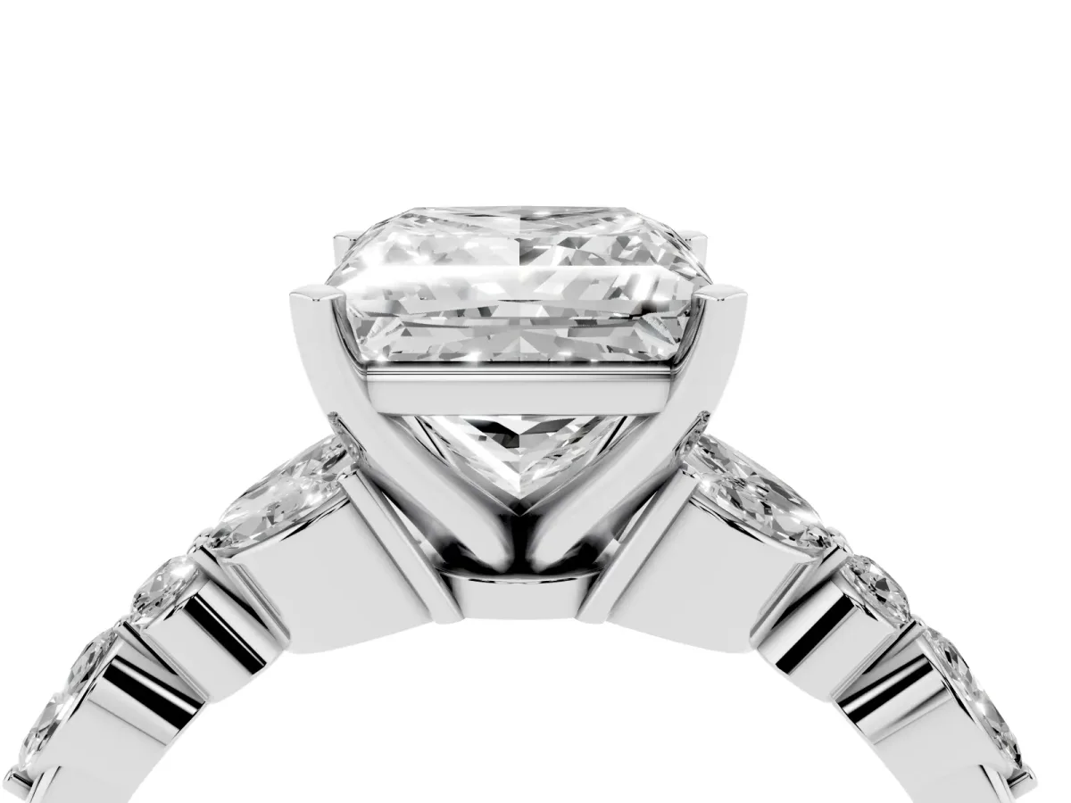 Princess Cut Diamond Solitaire Ring with Side Stones and Four-Prong Setting Platinum