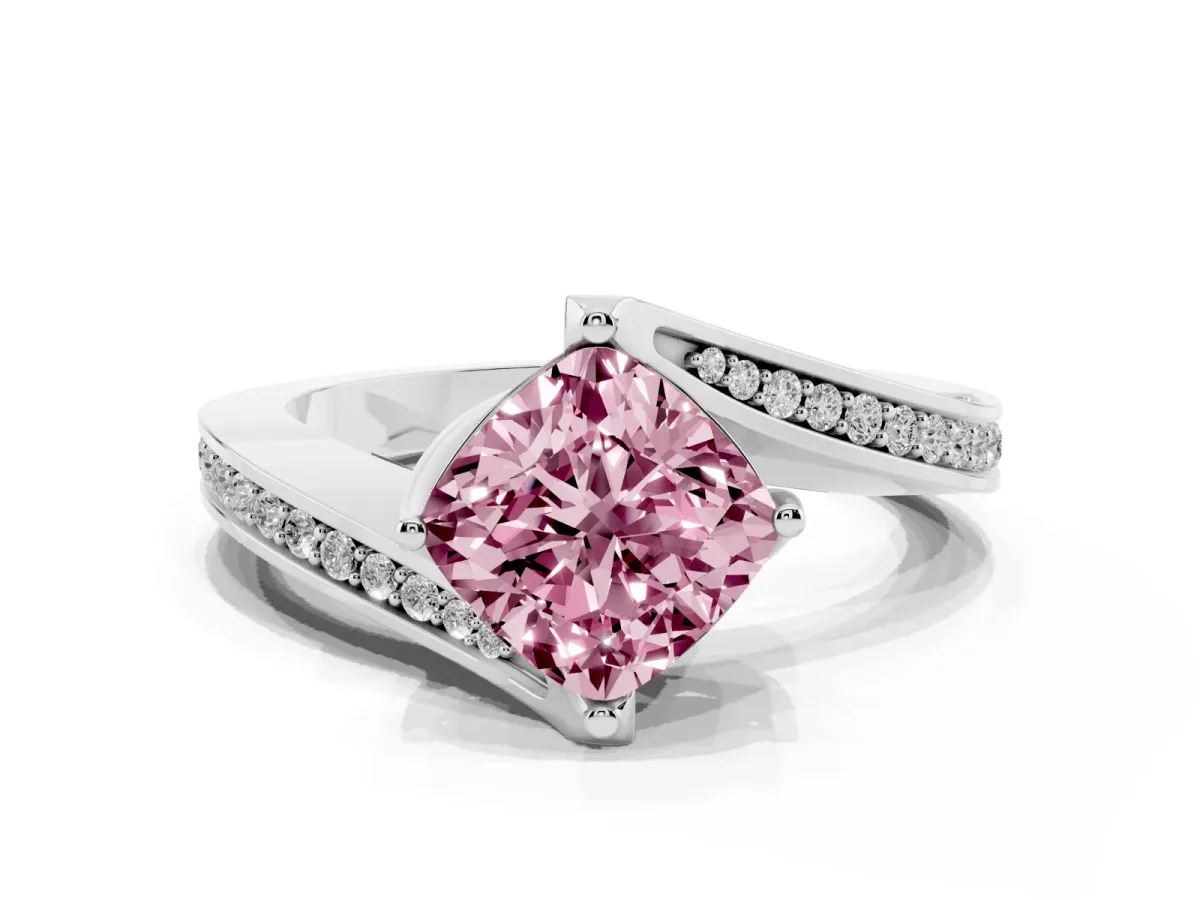 Fancy Pink Cushion Cut Solitaire Diamond Twist Band with Pavé Setting and Four-Prong Setting Silver
