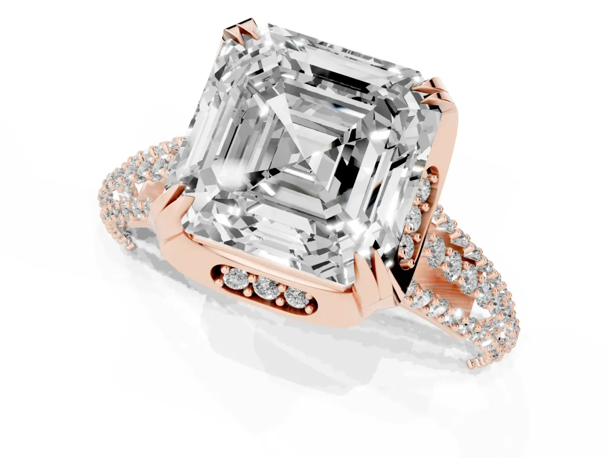 Asscher Cut Solitaire Pave Split Shank Ring with Four-Prong Setting Rose gold
