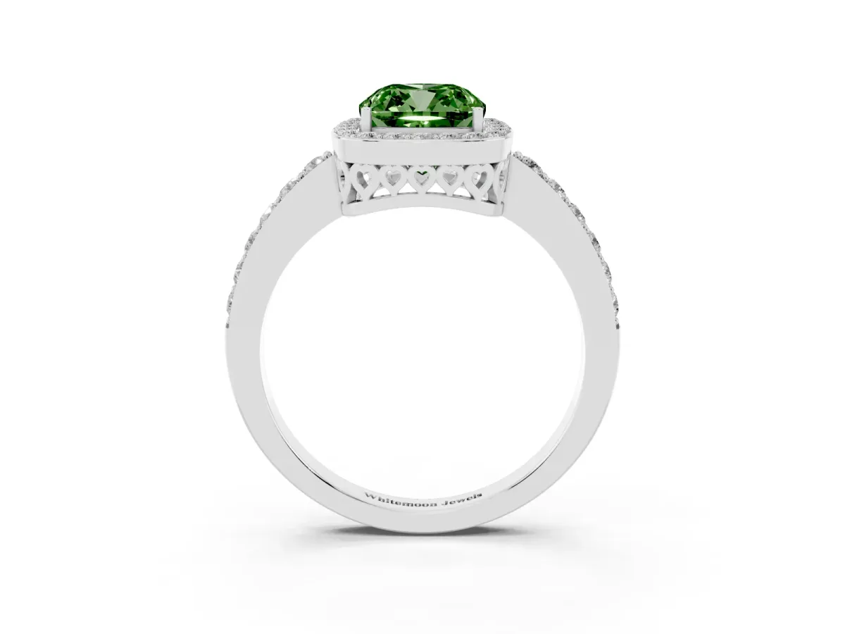 Fancy Green Cushion Cut Halo Diamond Pavé Band Ring with Prong Setting Silver