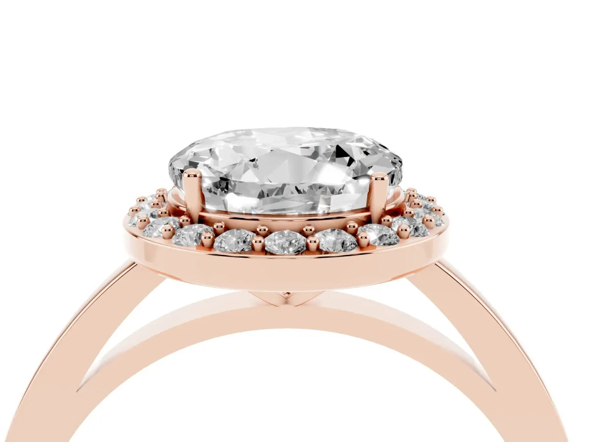Round Cut Halo Diamond Ring with Solitaire Band and Prong Setting Rose gold