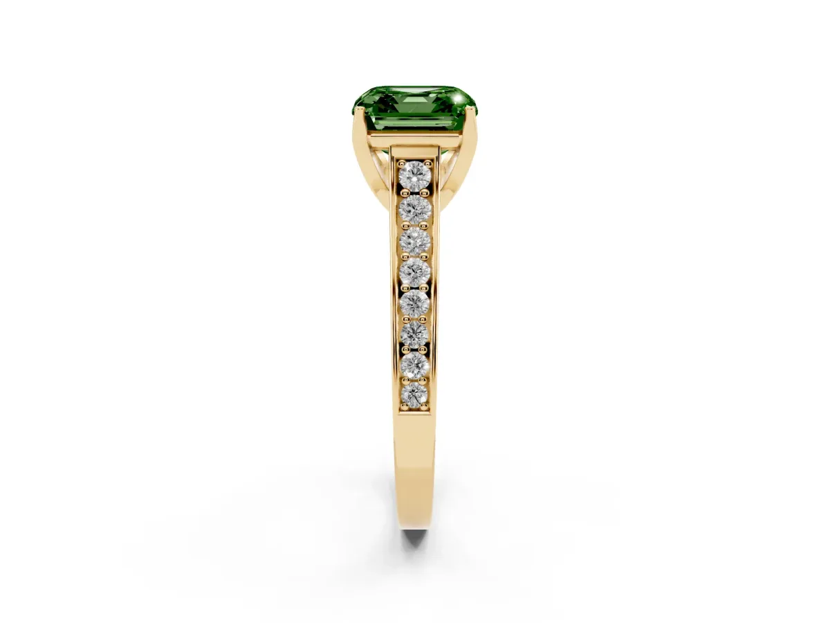 Fancy Green Asscher Cut Brilliant Cut Diamond Engagement Ring with Pavé Band and Four-Prong Setting Yellow gold