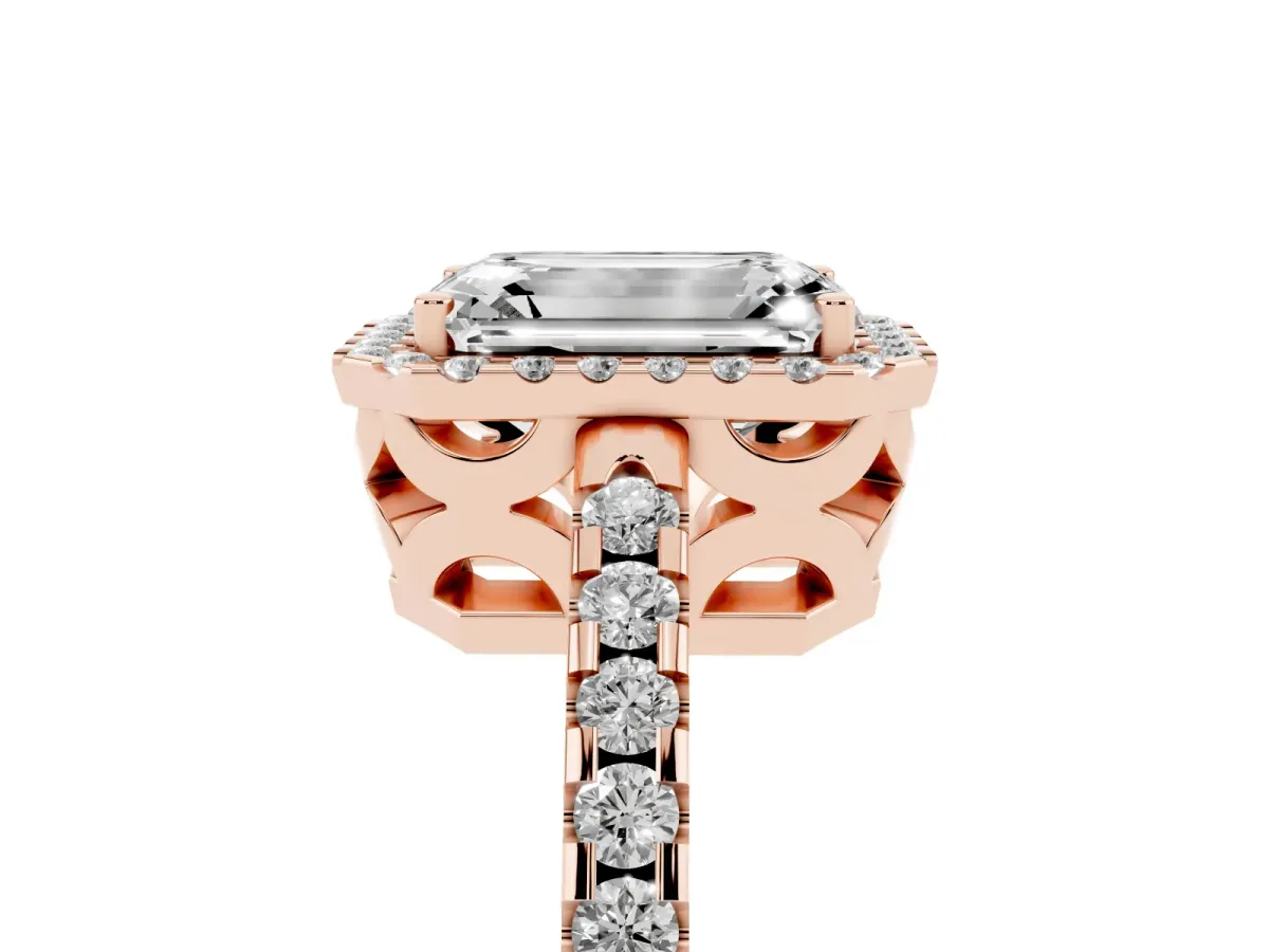 Emerald Cut Diamond Halo Engagement Ring with Pavé Band and Prong Setting Rose gold