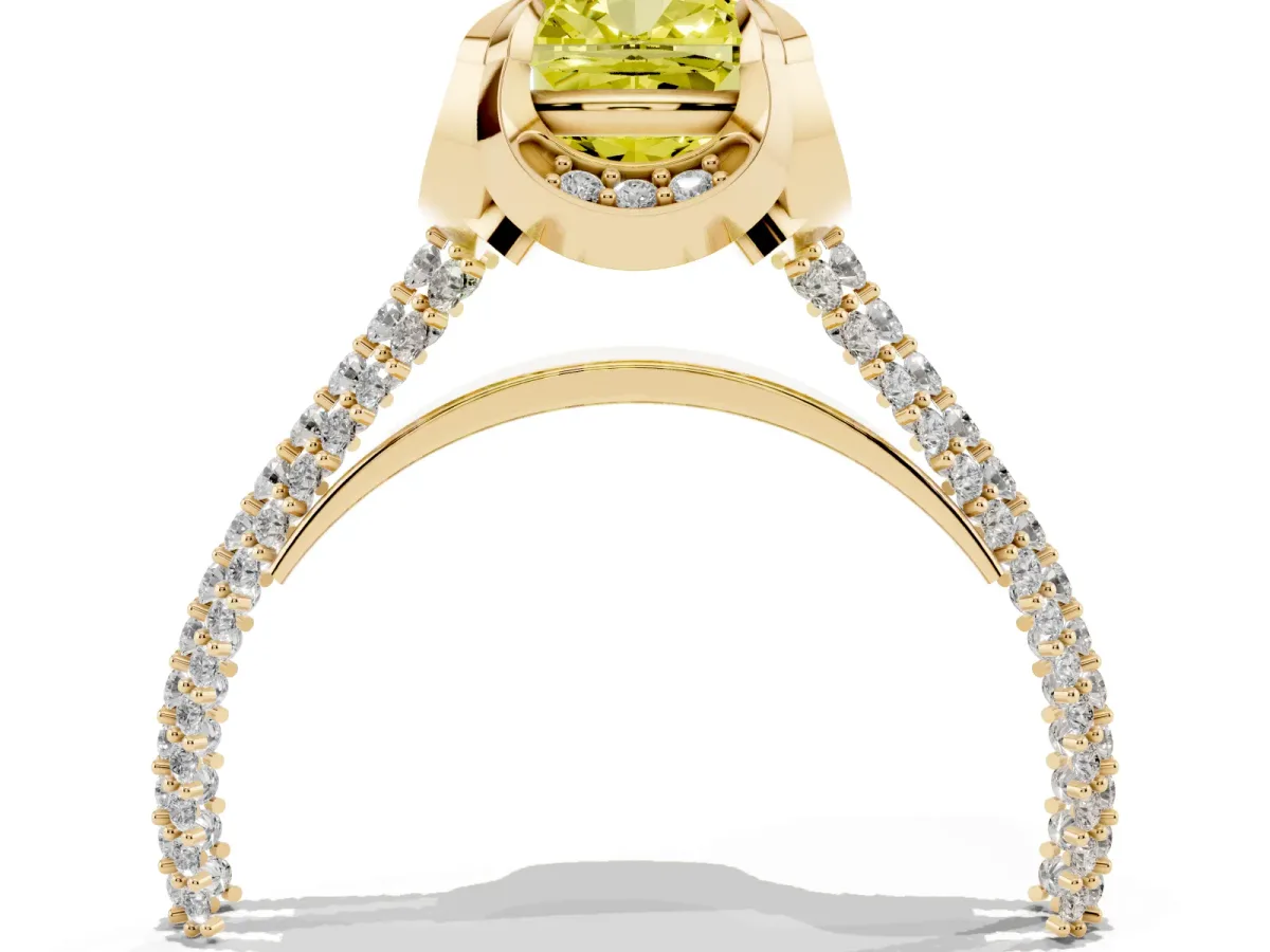 Fancy Yellow Cushion Cut Solitaire Pave Split Shank Ring with Four-Prong Setting Yellow gold