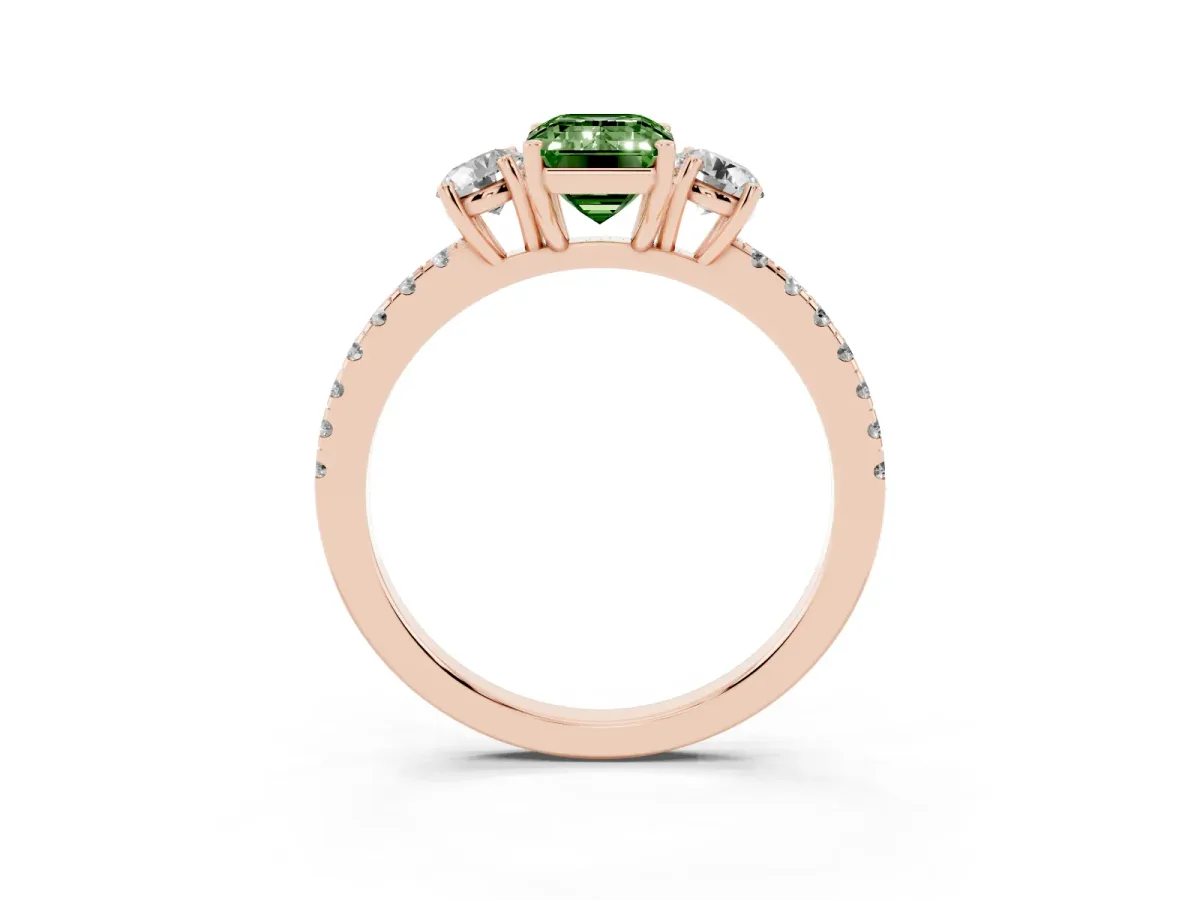 Fancy Green Three-Stone Emerald Cut Cut Diamond Pavé Band with Prong Setting Rose gold
