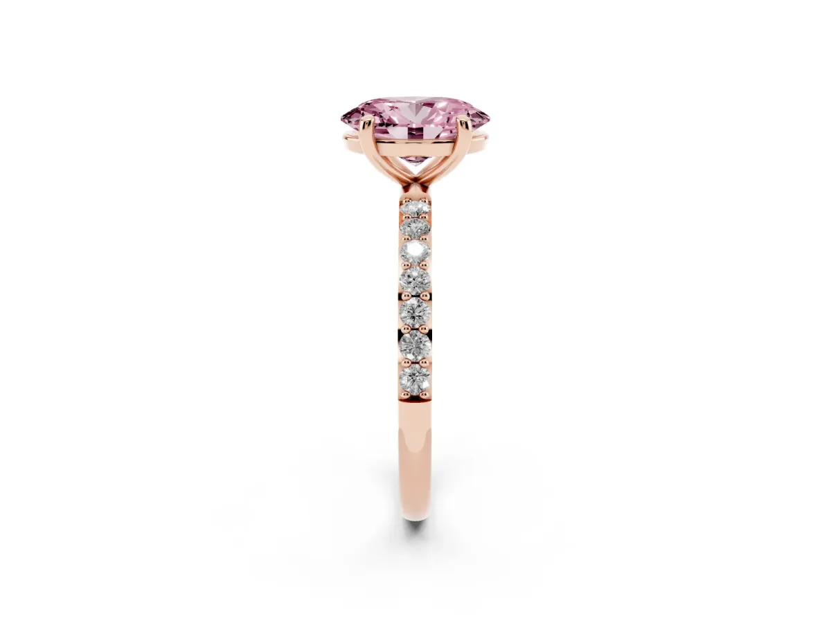 Fancy Pink Oval Cut Diamond Solitaire Ring with Round Pavé Band and Prong Setting Rose gold