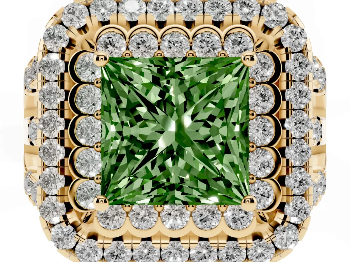 Fancy Green Princess Cut Diamond Double Halo Ring with Round Pavé Split Shank and Prong Setting Yellow gold