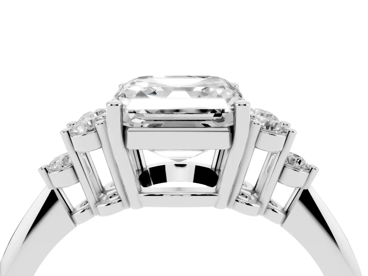 Asscher Cut Cut Diamond Cluster Ring with Solitaire Band and Four-Prong Setting Platinum