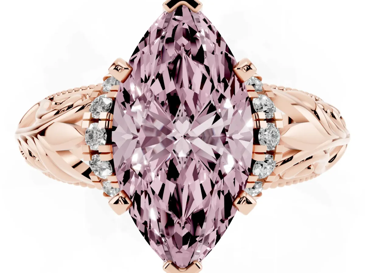 Fancy Pink Marquise Cut Solitaire Filigree Engagement Ring with Halo and Prong Setting Rose gold