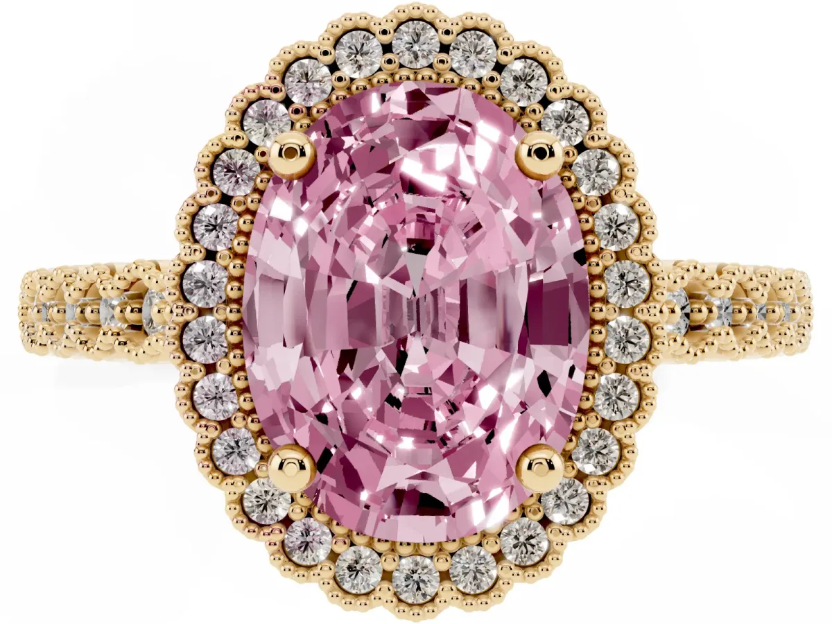 Fancy Pink Oval Cut Cut Halo Pavé Solitaire Ring with Milgrain Band Yellow gold