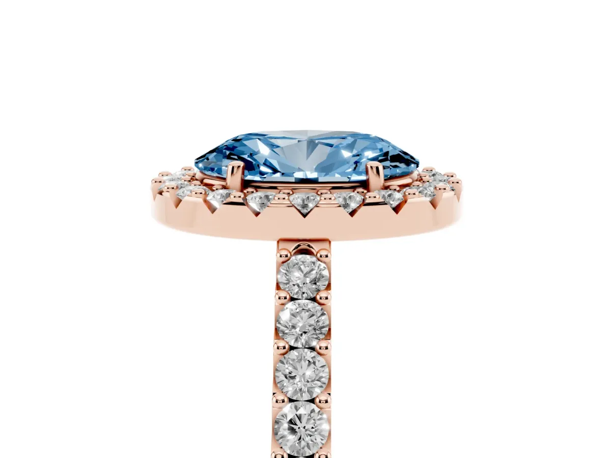 Fancy Blue Oval Cut Halo Diamond Pavé Solitaire Ring Rose gold