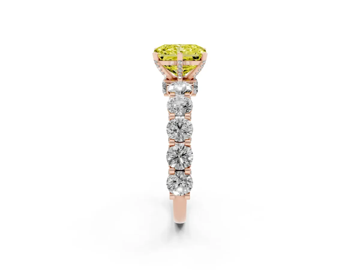 Fancy Yellow Radiant Cut Diamond Side Stone Engagement Ring with Four-Prong Setting Rose gold