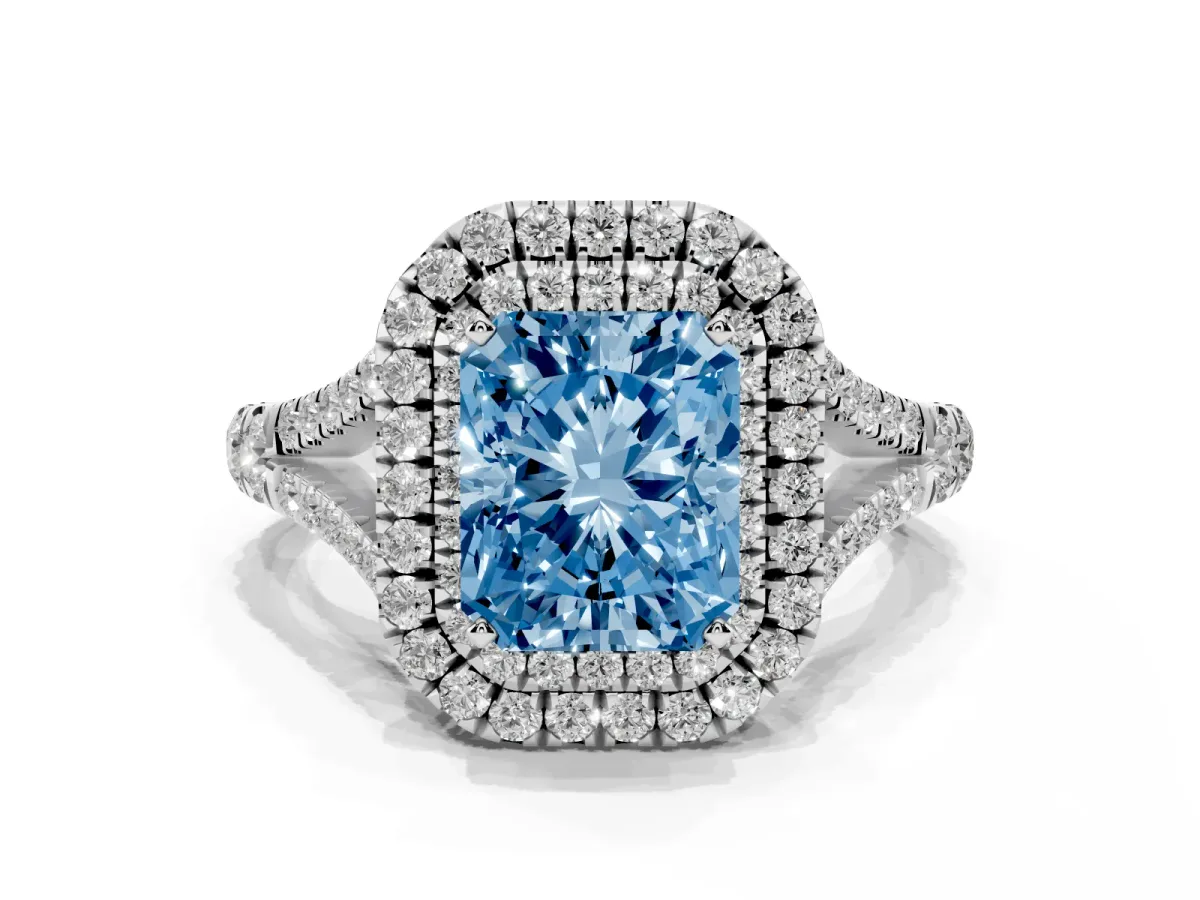 Fancy Blue Double Halo Radiant Cut Diamond Split Shank Engagement Ring with Four-Prong Setting Platinum