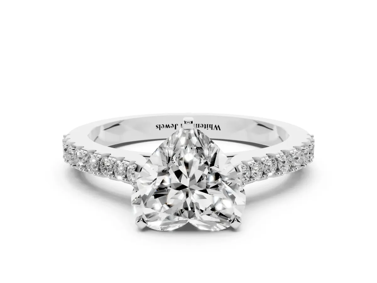 Heart Cut Cut Solitaire Diamond Engagement Ring with Pave Band and Four-Prong Setting White gold