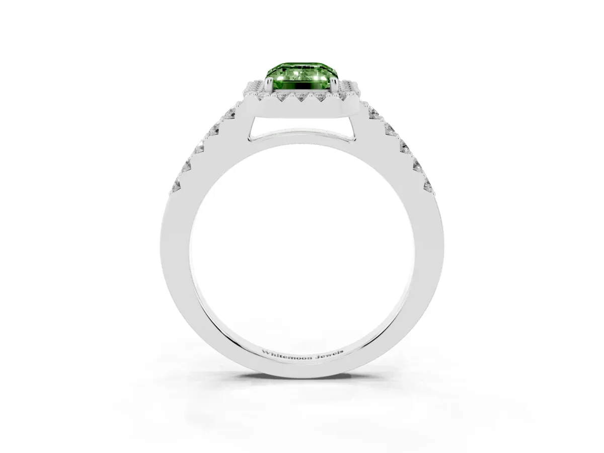 Fancy Green Emerald Cut Halo Diamond Pavé Solitaire Ring Silver