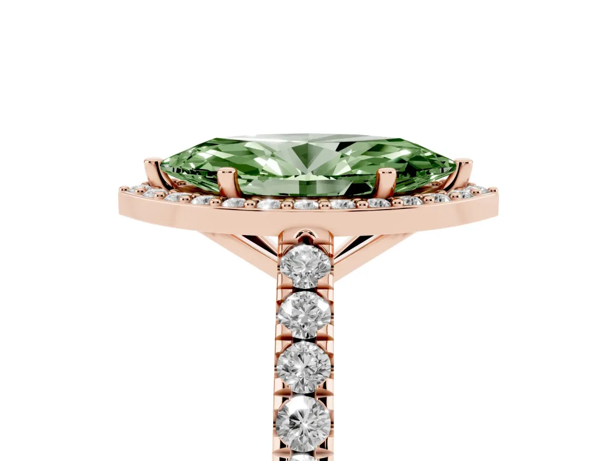 Fancy Green Marquise Cut Cut Halo Diamond Engagement Ring with Pave Band and Four-Prong Setting Rose gold