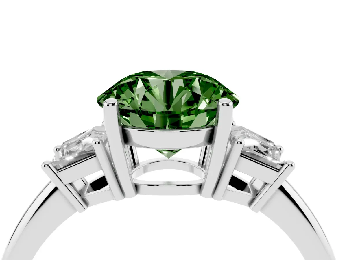 Fancy Green Round Cut Diamond Three-Stone Ring with Trapezoid Side Stones and Prong Setting Silver