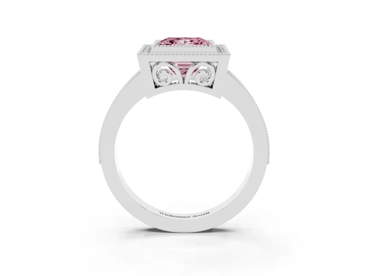 Fancy Pink Princess Cut Cut Halo Diamond Ring with Pavé Band and Milgrain Prong Setting Platinum