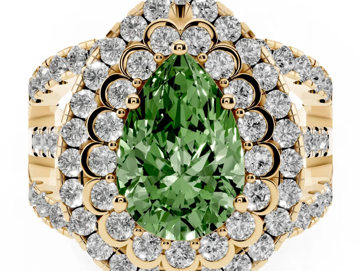 Fancy Green Pear Cut Diamond Double Halo Ring with Round Pavé Split Shank and Prong Setting Yellow gold