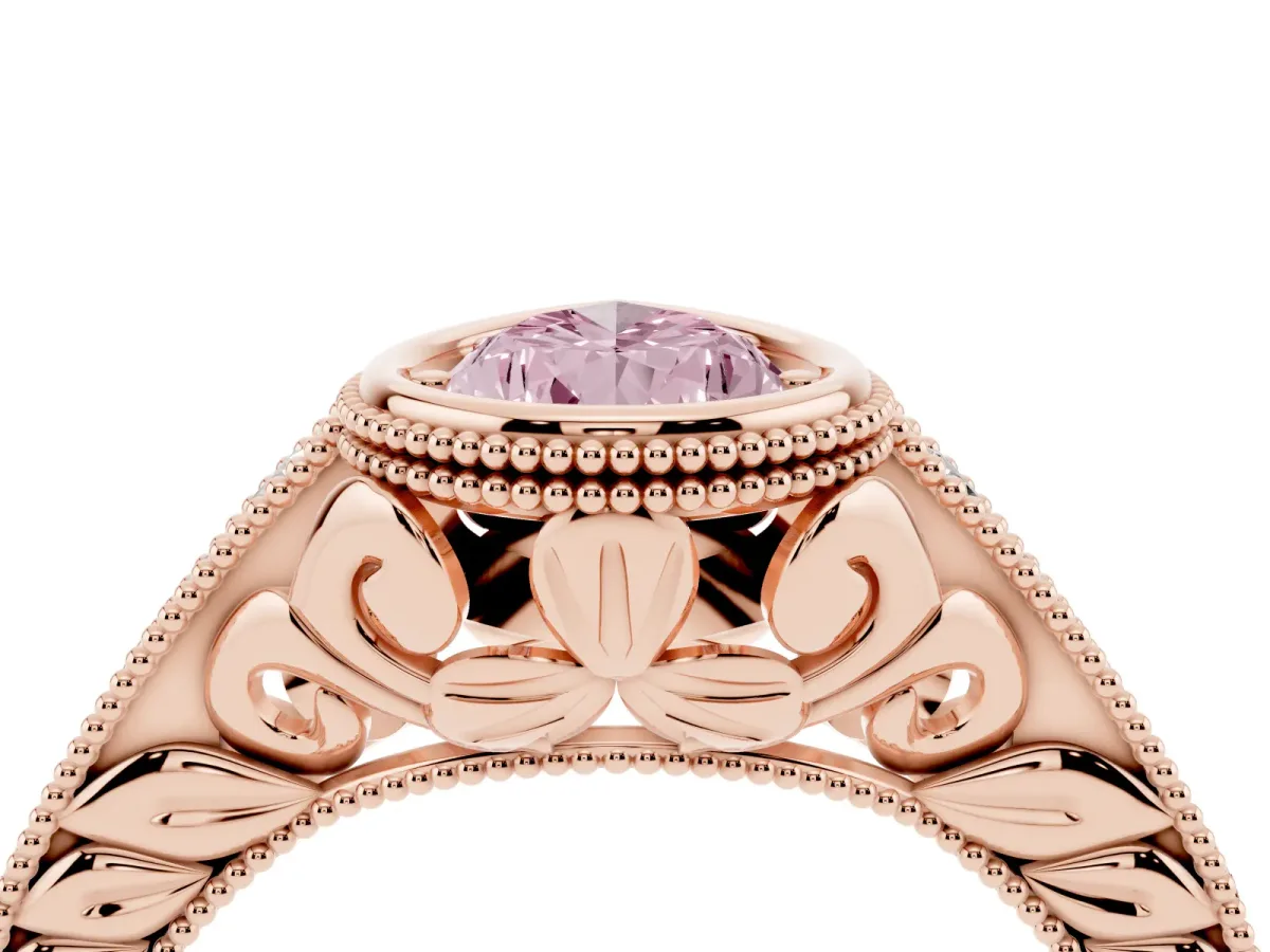 Fancy Pink Bezel Set Pear Cut Diamond Milgrain Pave Engagement Ring Rose gold