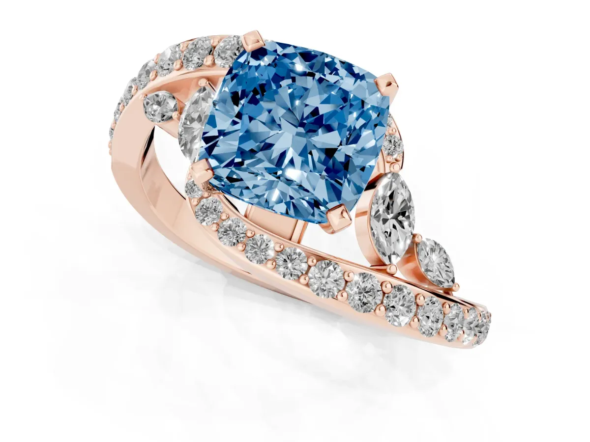 Fancy Blue Cushion Cut Solitaire with Pavé Twist Band and Four-Prong Setting Rose gold