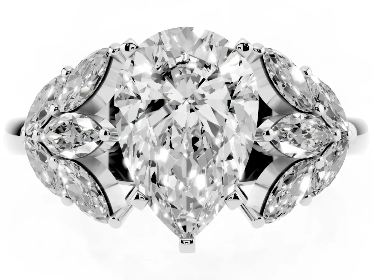 Pear Cut Diamond Cluster Leaf Design Ring with Prong Setting Silver