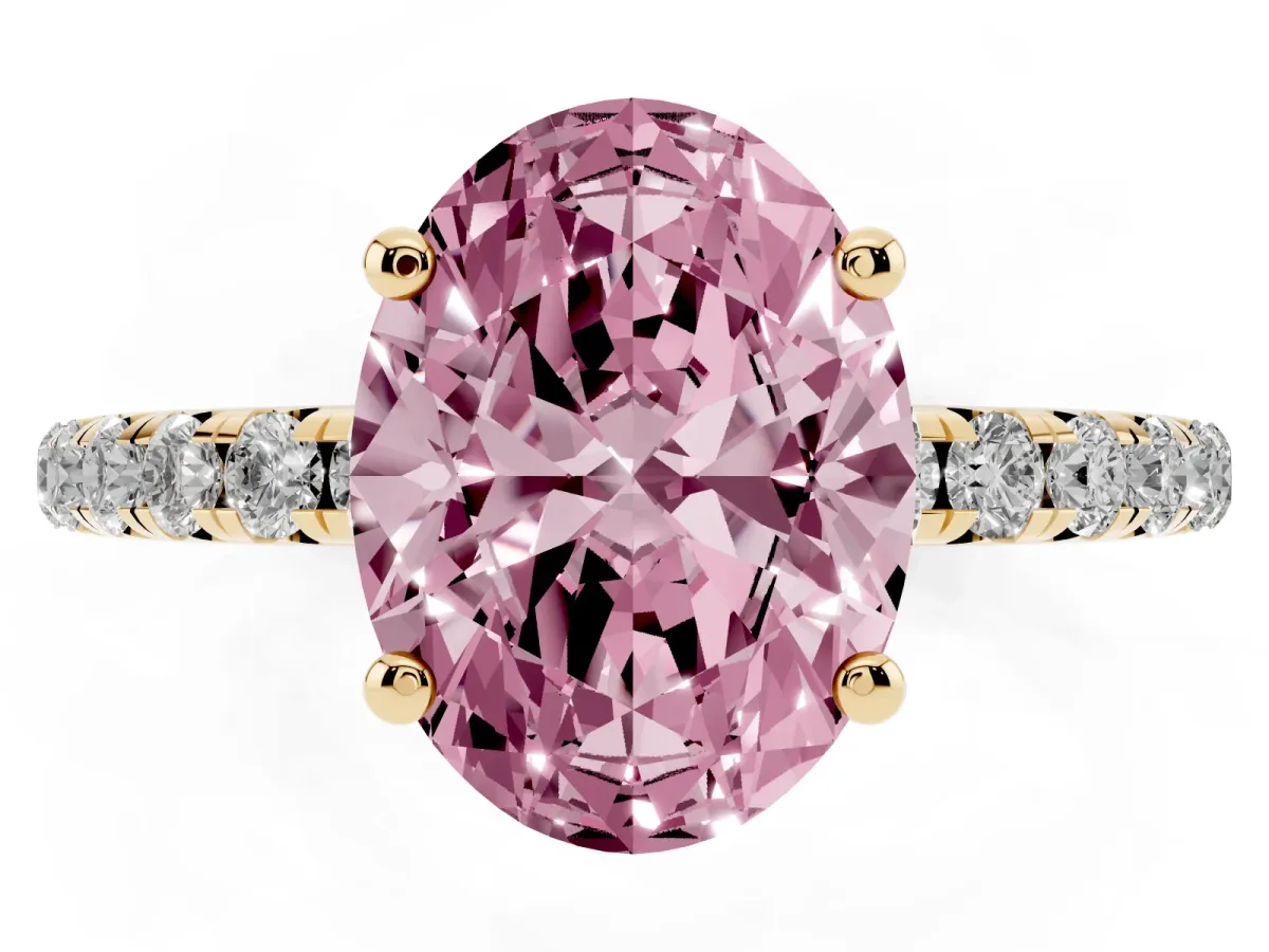 Fancy Pink Oval Cut Cut Diamond Solitaire Ring with Micro Pave Band and Four Prong Setting Yellow gold