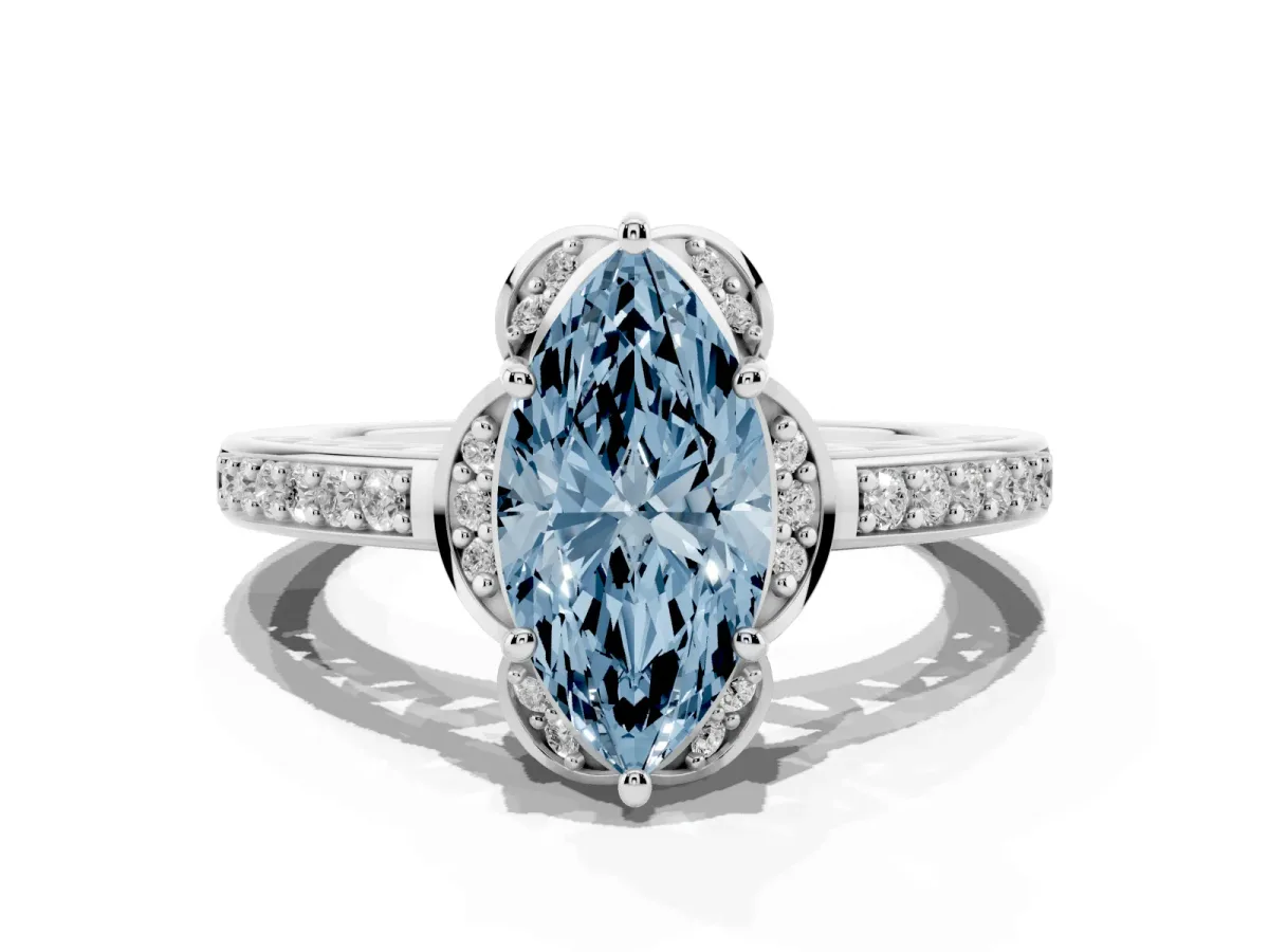 Fancy Blue Marquise Cut Cut Halo Diamond Ring with Channel Set Band and Four-Prong Setting White gold