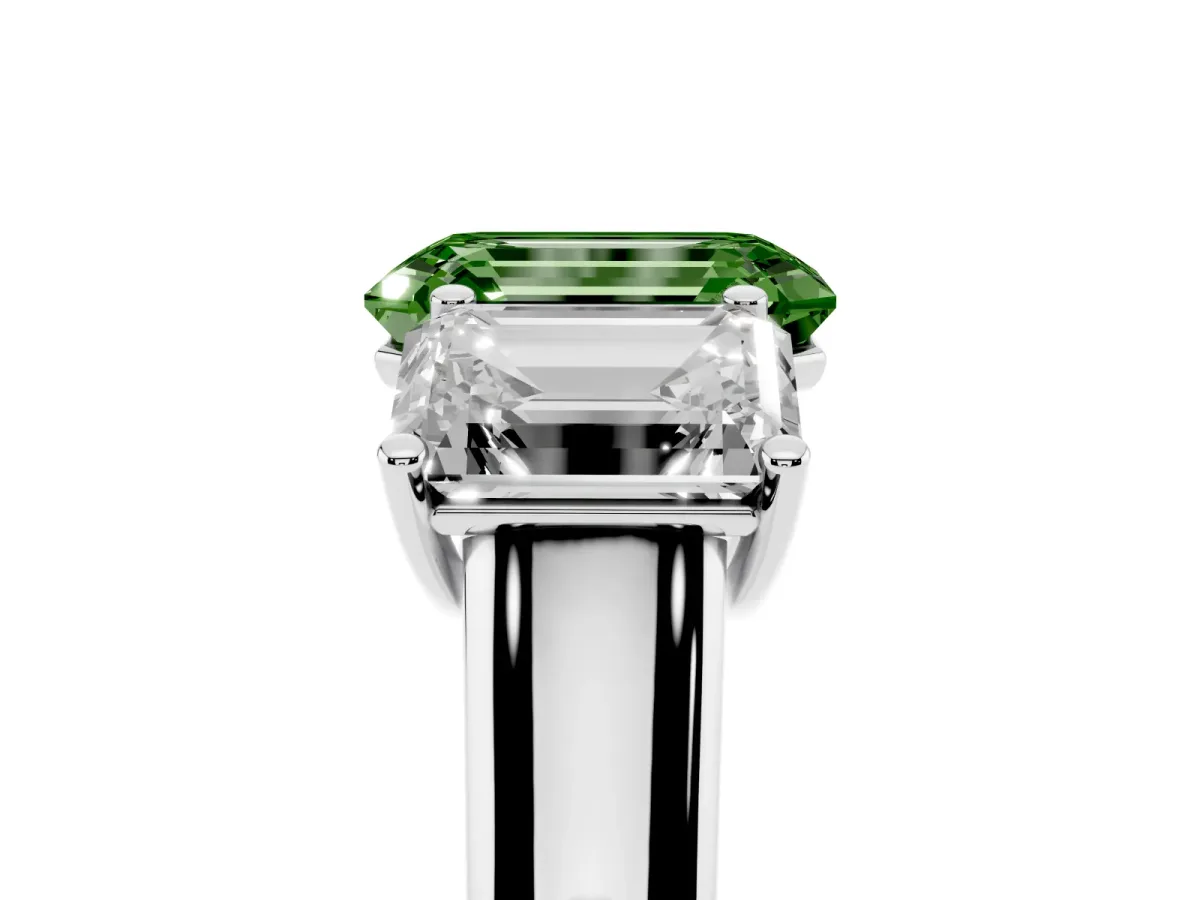 Fancy Green Emerald Cut Three-Stone Diamond Ring with Prong Setting on a Classic Band Silver