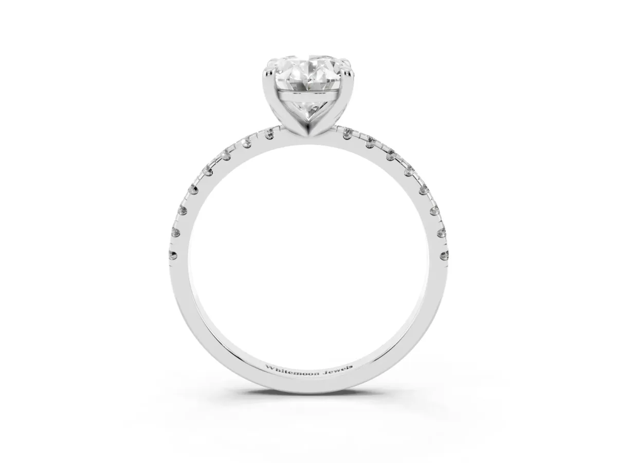 Oval Cut Diamond Brilliant Solitaire Ring with Pavé Band and Four-Prong Setting Silver
