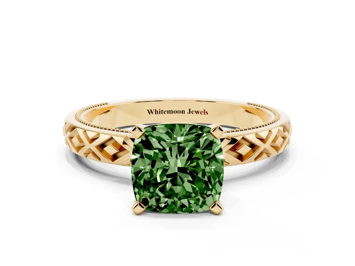 Fancy Green Cushion Cut Solitaire Diamond Ring with Milgrain and Black Enamel X Pattern Band Yellow gold