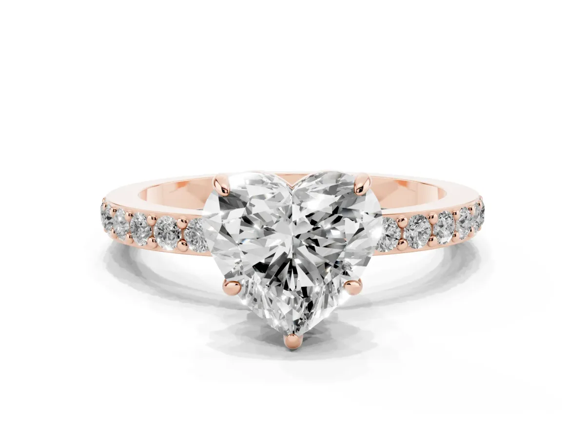 Heart Cut Diamond Pavé Engagement Ring with Round Accents and Prong Setting Rose gold