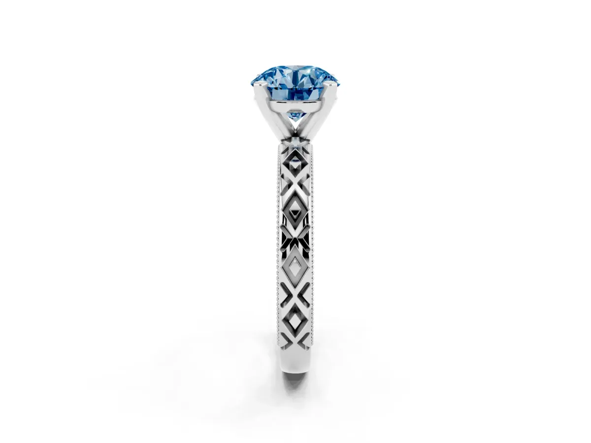 Fancy Blue Round Cut Solitaire Diamond Ring with Milgrain and Black Enamel X Pattern Band Silver