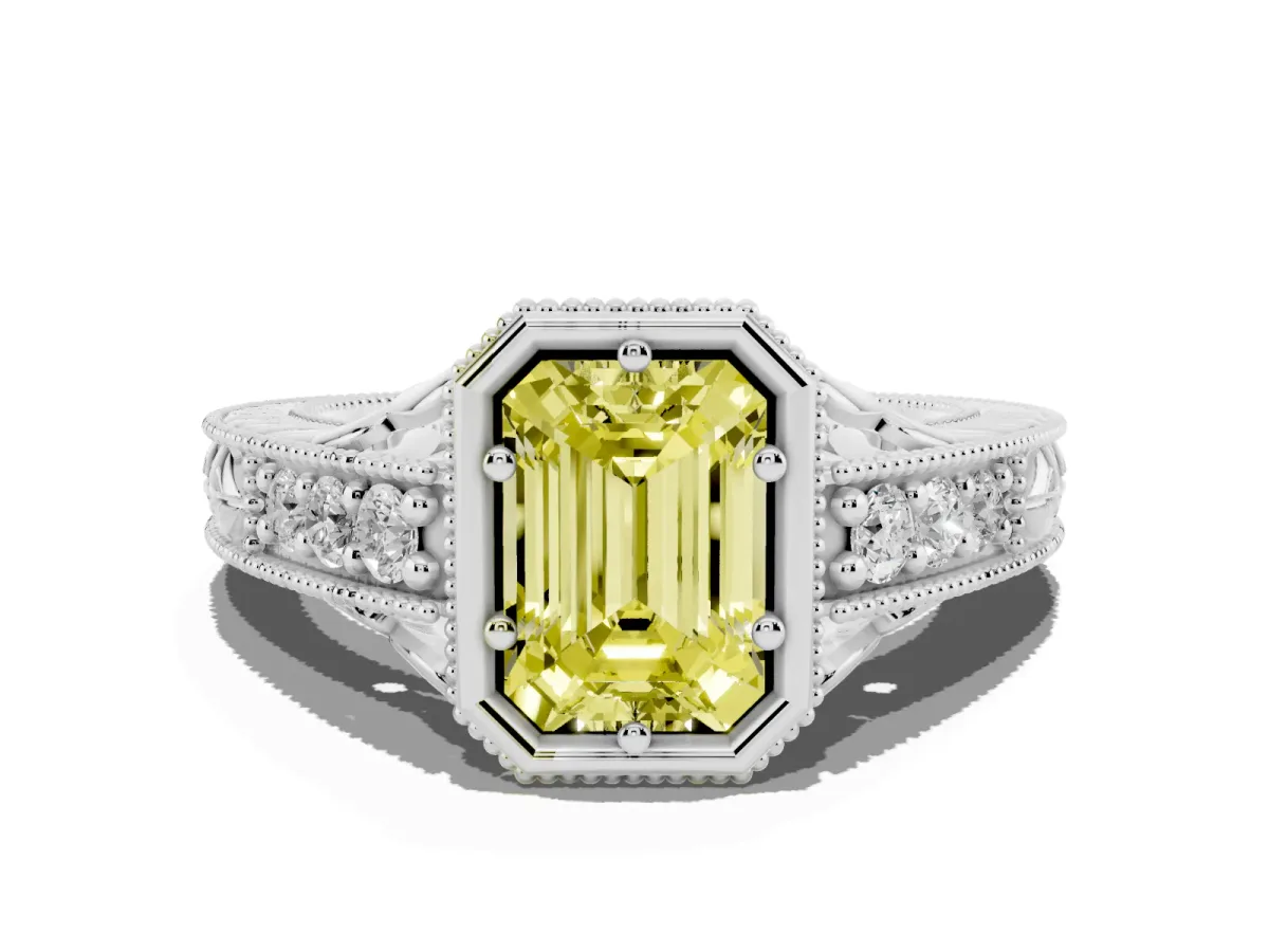 Fancy Yellow Bezel Set Emerald Cut Diamond Milgrain Pave Engagement Ring Silver