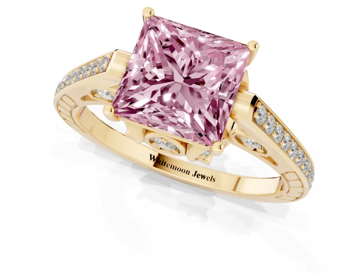 Fancy Pink Princess Cut Cut Cathedral Pave Diamond Engagement Ring with Six-Prong Setting Yellow gold