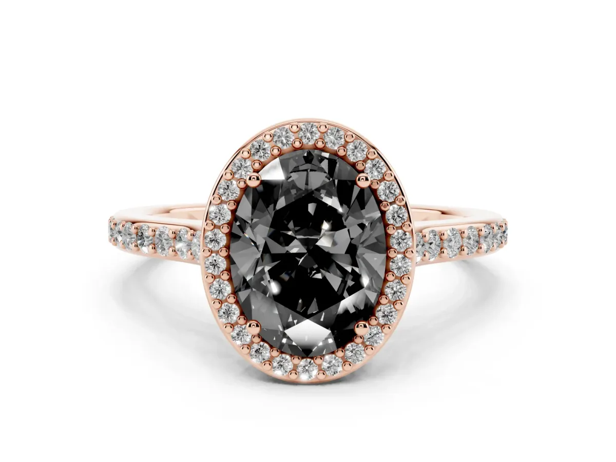 Fancy Black Oval Cut Diamond Halo Engagement Ring with Round Pavé Shoulders and Prong Setting Rose gold