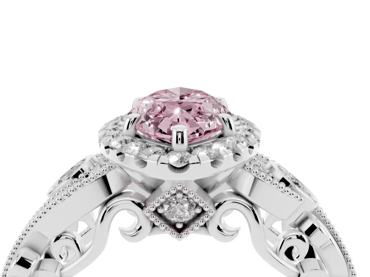 Fancy Pink Marquise Cut Diamond Halo Ring with Milgrain Pavé Band and Four-Prong Setting Silver